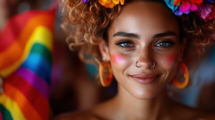 A woman smiles with her eyes closed, surrounded by vibrant colors and wearing floral accessories, reflecting joy and artistic expression in bright imagery.