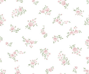 Beautiful cute small pink rose flowers with green leaves background, simple vintage ditsy style. Seamless pattern for textile, fabric print, home decor, design. Vector illustration