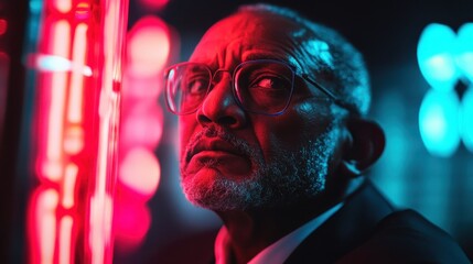A man in a suit is set against a dynamic neon-lit background, evoking a futuristic and techno-modern theme, embracing technological advancements and an innovative outlook.