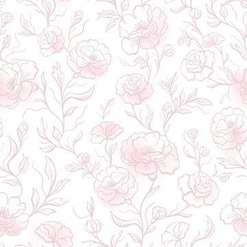 Seamless pattern rose flowers of blossoms with leaves pink outline with watercolor brush splash, hand drawn sketch style. Vector illustration