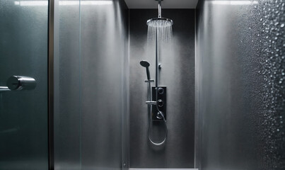 A shower head with water running in a modern bathroom