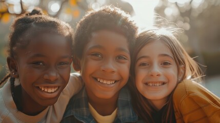 Fototapeta premium Three joyful children from diverse backgrounds, smiling brightly