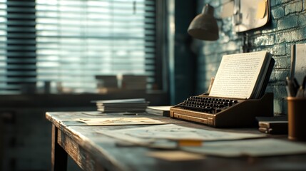 A nostalgic scene featuring a vintage typewriter on a rustic wooden desk, surrounded by papers and soft light filtering through blinds, capturing timeless creativity and charm.