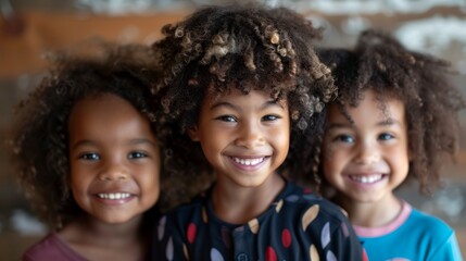 Three joyful children with different hair types, smiling brightly