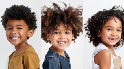 Three joyful children with different hair types, smiling brightly