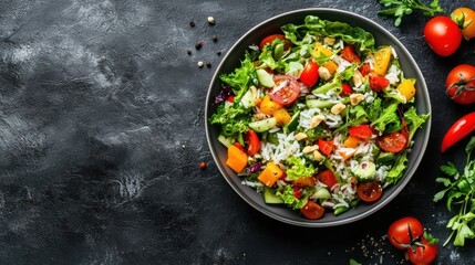 Delicious and colorful salad with rice, vegetables and nuts