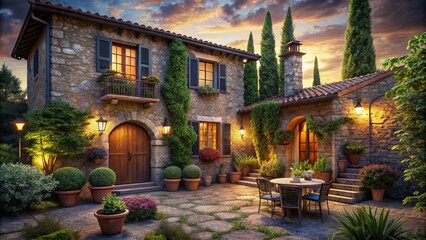 Fototapeta premium Rustic elements and a warm color palette define this charming Tuscan house interior, providing a cozy atmosphere ideal