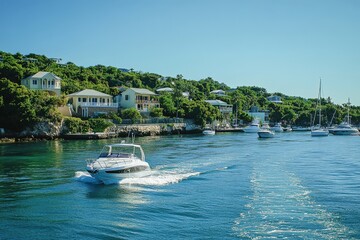 Scenic coastal town with luxury homes and boats