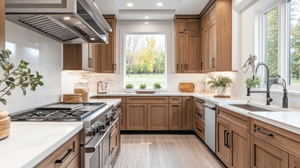 Fototapeta premium Modern kitchen featuring wood cabinets, stainless steel appliances, and natural light.