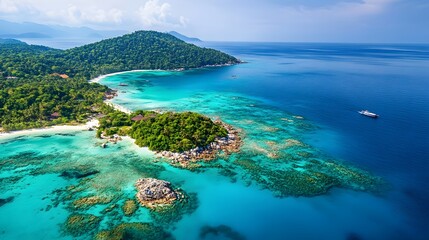 Tropical Island with Lush Green Vegetation, Pristine White Sand Beaches, and Crystal-Clear Turquoise Waters