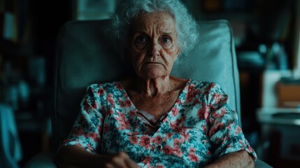 An elderly woman with curly hair sits comfortably in a chair wearing a floral dress, giving a sense of serenity and wisdom in a cozy living environment.