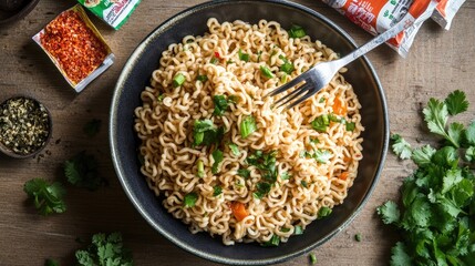 An overhead shot of a bowl of instant noodles with a fork twirling a portion, surrounded by seasoning packets and a side of fresh herbs.