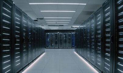 A view down a long hallway of a server room, showing rows of large black servers