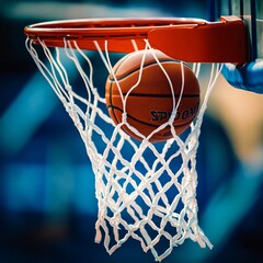 Fototapeta premium Swish! Close up of Basketball Net with Ball Passing Through, Perfect Shot Symbolism