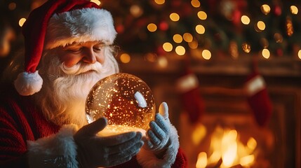 Santa Claus Holding a Magical Glowing Orb by the Fireplace, Evoking the Enchanting Spirit of Christmas.
