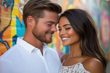 Naklejka premium Loving Couple in Front of Colorful Wall 
