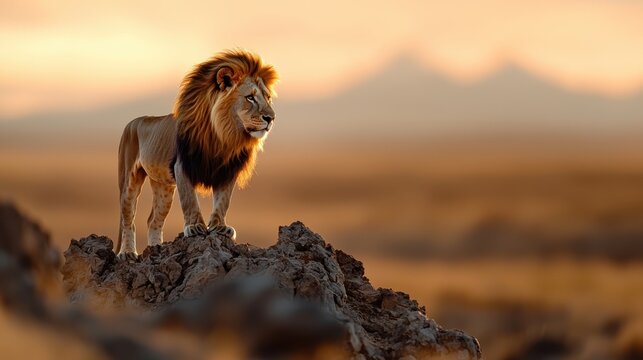 A majestic lion with a flowing mane stands on a rocky outcrop during sunset, symbolizing strength and leadership. The golden hues of sunset create a dramatic backdrop.