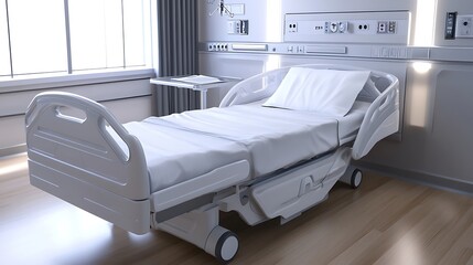 A sterile hospital bed with a tray table attached and a chart holder at the foot.