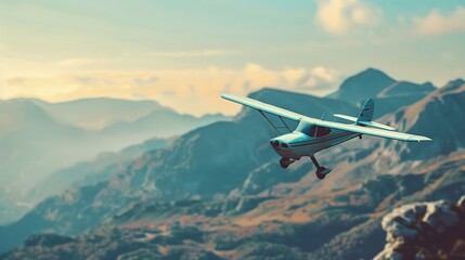 A stylish toy aircraft soaring over a beautiful mountain range