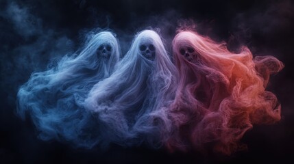 Three ghostly figures with skeletal faces drift through mist, conveying an eerie, haunting, and supernatural scene, filled with mystery and the essence of the paranormal.