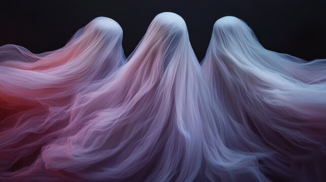Three indistinct ghostly figures in colorful, flowing drapery creating an eerie and mystical atmosphere with soft gradients of light and shadow.