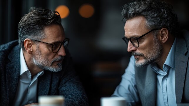 Two mature men wearing glasses, sitting at a table, deeply engaged in a conversation. The setting is a cozy cafe with a warm ambiance.