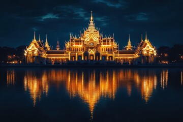 Obraz premium Illuminated ornate palace reflected in still water at night