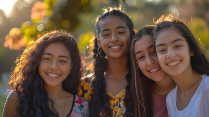 Young women of various ethnic backgrounds, standing closely and smiling warmly
