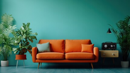 Fototapeta premium A vibrant and modern living room features a bold orange sofa surrounded by green potted plants, minimalist decor, a teal wall, and a vintage radio on a wooden table.