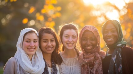 Obraz premium Smiling young women from different ethnic backgrounds, standing closely together