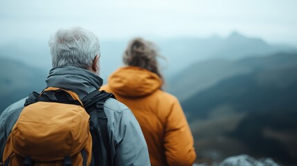 A couple with colorful backpacks hike through foggy mountainous scenery, embracing the beauty and tranquility of nature, highlighting their journey of togetherness and adventure.