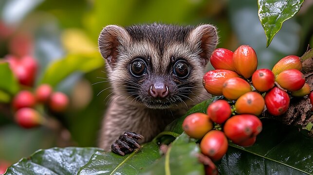 A close-up portrait of a civet cat peeking from behind a branch of coffee berries.