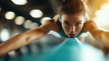 Fototapeta premium A focused woman is seen in the gym engaged in an intense workout session, showcasing strength and determination as she exercises, with a blurred background highlighting her effort.