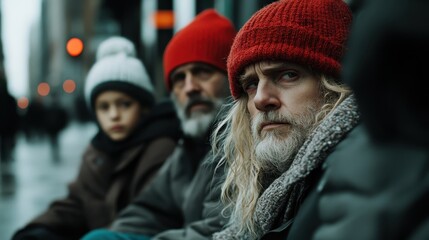 Three individuals, including a child, sit on a city bench wearing hats and scarves. They seem lost in thought amid a bustling urban environment.
