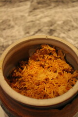 Indian cuisine: chicken biryani (mixed rice dish)