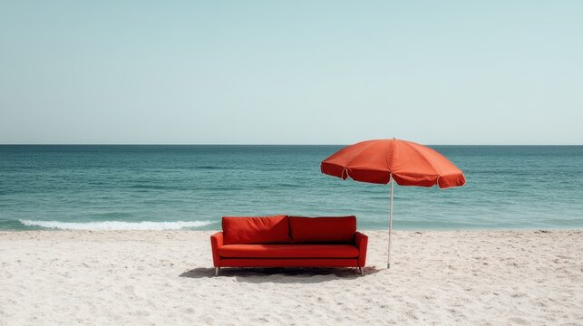 A scene showing an orange sofa and umbrella set on an empty beach next to the sea, illustrating a peaceful and serene vacation spot for relaxation and solitude.