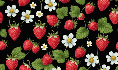 A seamless pattern of red strawberries and white daisies on a black background