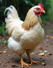 Fototapeta premium 赤いトサカと肉垂を持つ白い雄鶏が土の地面に立っています。