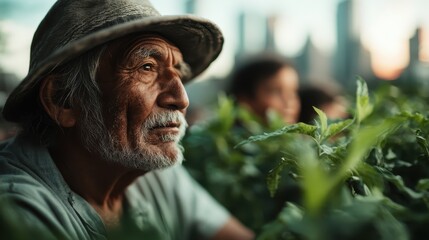 An elderly farmer, wearing a hat, is seen amidst verdant green plants outdoors, the cityscape in the background hints at a rural-urban contrast in the setting.