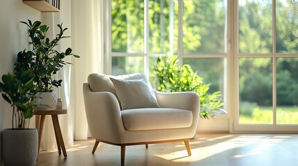 Obraz premium A living room with a white armchair in front of a window.