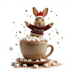 Happy Holidays, Bunny Style: A cheerful bunny in a festive sweater and Santa hat enjoys a cozy mug of hot chocolate with marshmallows - Generated by Generative AI