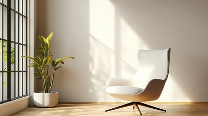 Fototapeta premium A white armchair in a modern, minimalist living room with a plant in a pot.