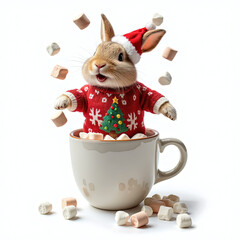 Christmas cheerful bunny in a festive sweater and Santa hat enjoys a cozy mug of hot chocolate with marshmallows - Generated by Generative AI