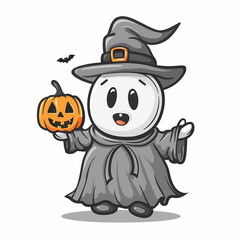 Adorable Halloween character surrounded by  elements like bats, pumpkins, and stars, creating a fun and spooky vibe.	
