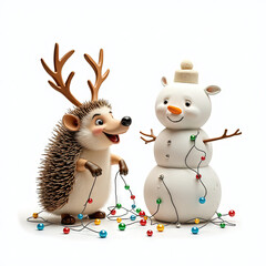 Hedgehog and Snowman Christmas Lights: A heartwarming illustration of a friendly hedgehog and snowman decorating for the holidays - Generated by Generative AI