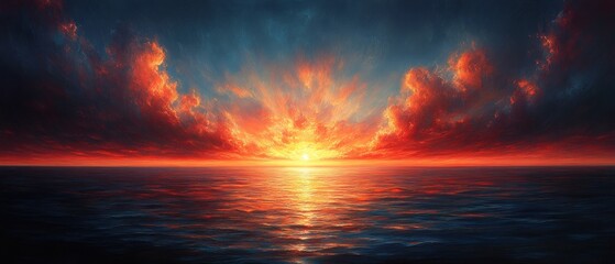 A painting of a sunset over the ocean with a red and orange sky.