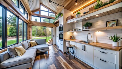 Tiny house interior design emphasizes contemporary aesthetics and clever space-saving solutions, creating a stylish and