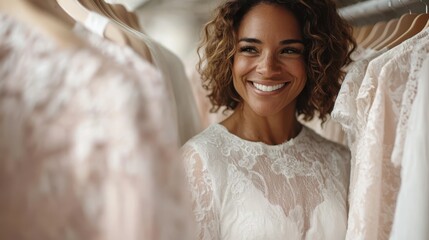 A joyous woman in a lace dress laughs heartily in a bridal shop, highlighting the excitement and decision-making of selecting the perfect wedding attire.