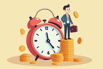 time is money concept, a smart businessman standing on a pile of gold coins, with a time alert ringing