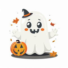 Adorable Halloween ghost character surrounded by  elements like bats, pumpkins, and stars, creating a fun and spooky vibe.	
